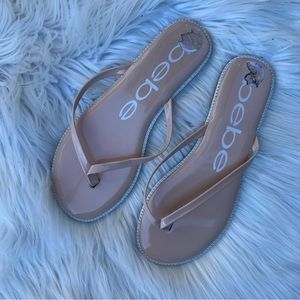 Bebe Tan Rhinestone Flip Flop Sandals